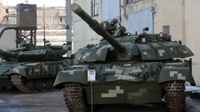 A Ukrainian T-64BV battle tank pictured at a plant in Kharkiv