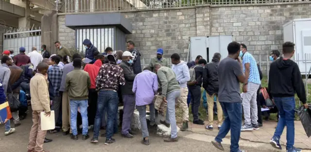 The crowd outside the Russian embassy in Addis Ababa