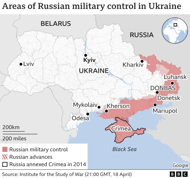 Map showing areas of Russian control in Ukraine