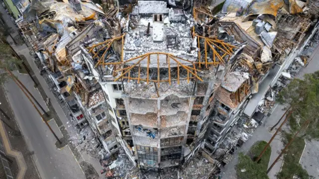 A heavily damaged apartment building on April 18, 2022 in Irpin, Ukraine