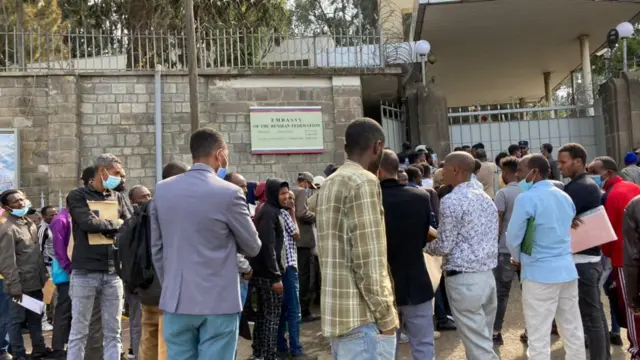 The crowd outside the Russian embassy in Addis Ababa