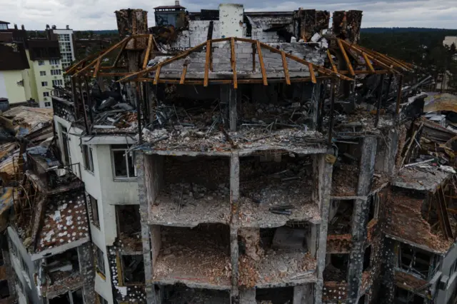 A heavily damaged apartment building on April 18, 2022 in Irpin, Ukraine.