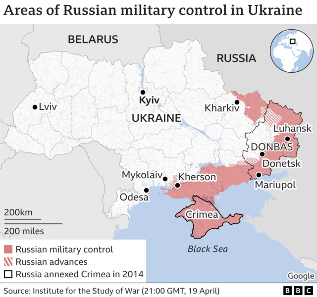 Map showing areas of Russian control