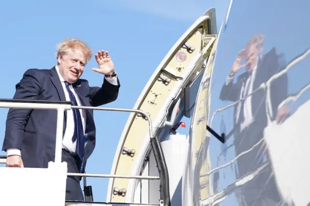 UK Prime Minister Boris Johnson boards a plane bound for India