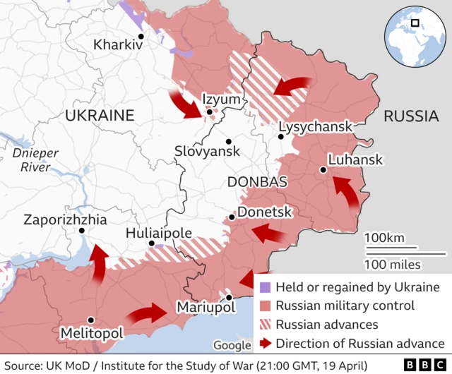 A map of eastern Ukraine showing Russia in control of most of the boundary areas of the country, with the notable exception of Mariupol