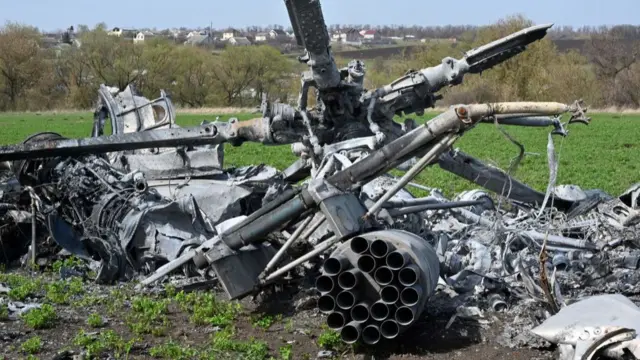 A destroyed Russian helicopter