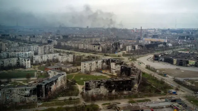 An aerial view taken on April 12, 2022, shows the city of Mariupol, during Russia's military invasion launched on Ukraine