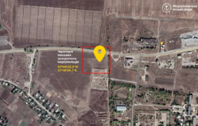 A photo by Mariupol's city council allegedly showing the site of mass grave (red square) near the city