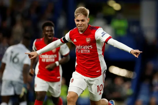 Emile Smith Rowe celebrates scoring against Chelsea