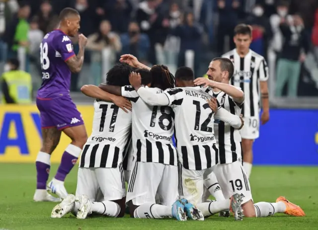 Juventus players celebrate during their Coppa Italia semi-final second leg win over Fiorentina