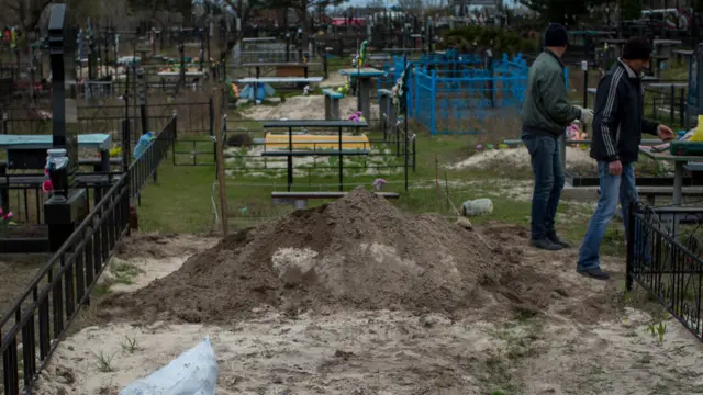 Image shows a pile of dirt in a cemetery ground, with two men standing nearby