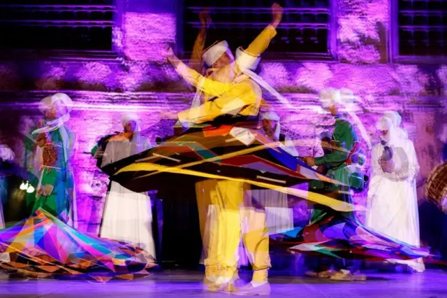 An Egyptian dance troupe performs the Tanoura, which incorporates the Sufi technique of whirling - Wednesday 20 April 2022