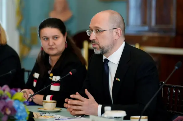 Ukraine's Prime Minister Denys Shmyhal in a meeting in Washington on 22 April