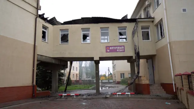 Damaged hospital building in Lyman