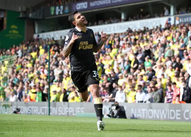 Bruno Guimaraes celebrates scoring against Norwich