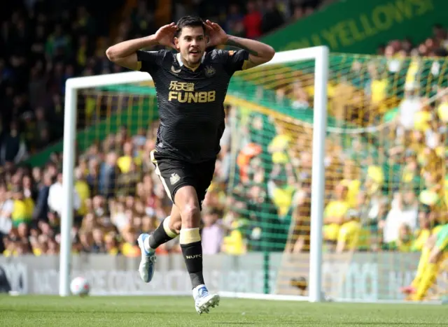 Bruno Guimaraes celebrates scoring against Norwich