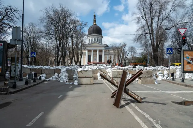 Barricades made of cement blocks, iron structures and sand bags, in the centre of Odesa