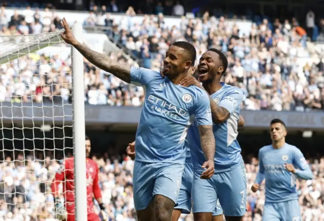 Gabriel Jesus celebrates scoring his third goal against Watford