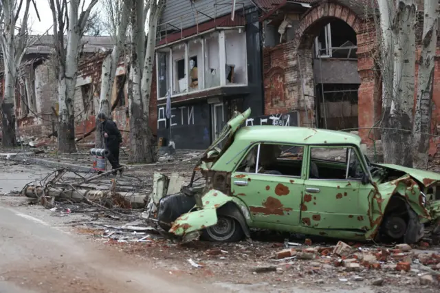 A view of the destruction in Ukraine's besieged port city of Mariupol where the Russian army has taken control, on 22 April 2022