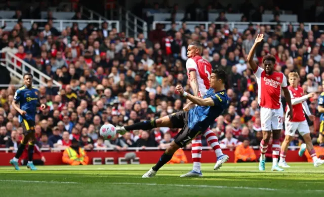 Cristiano Ronaldo scores a disallowed goal against Arsenal