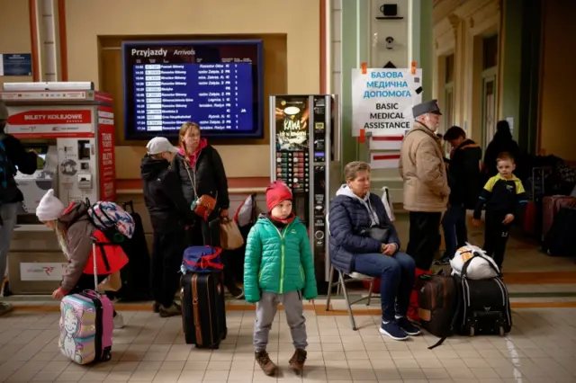 Ukrainian refugees wait for a train in Przemysl, eastern Poland. Photo: 20 April 2022