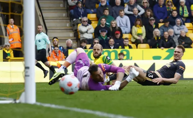 Teemu Pukki watches a shot go just wide against Newcastle