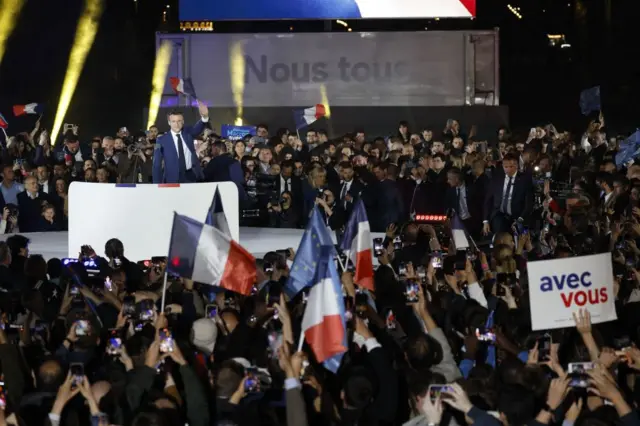 Emmanuel Macron gives his victory speech to supporters