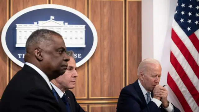 Secretary of Defense Lloyd Austin (left) and Secretary of State Antony Blinken (middle) with US President Joe Biden (right) in Washington DC on 11 April