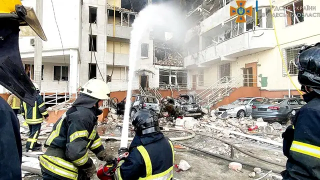 Emergency services tackle fire in Odesa building