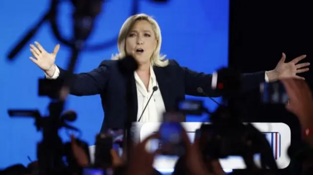 Marine Le Pen, French far-right National Rally (Rassemblement National) party candidate for the 2022 French presidential election, speaks at the Pavillon d"Armenonville