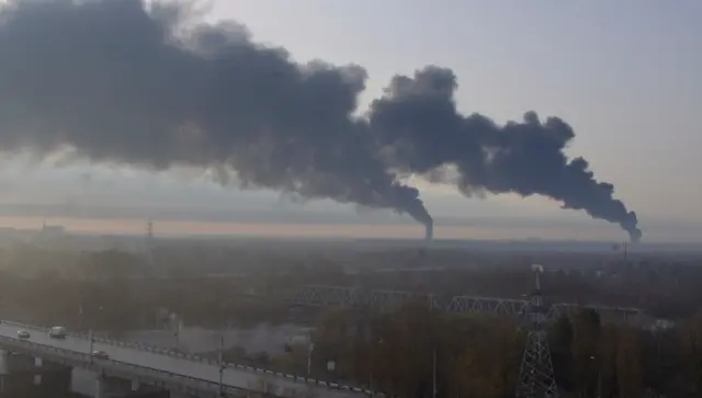 Still from a social media video showing smoke from fires in Bryansk