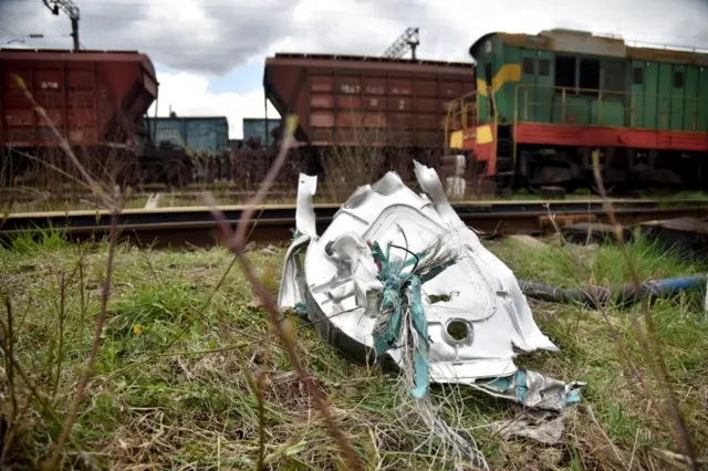 The debris of a Russian missile used to attack a railway facility in Ukraine