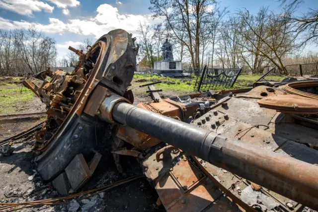 A destroyed Russian tank pictured in Lukyanivka near Kyiv