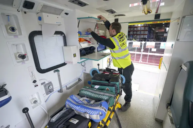 An ambulance being prepared for shipment to Ukraine