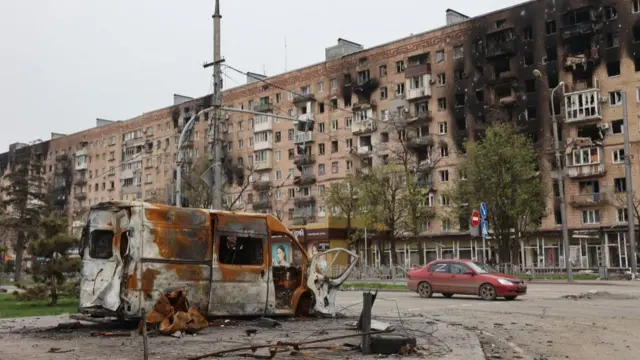 A view of a destroyed vehicle in Mariupol, where the Russian Army has taken control, on April 22, 2022.