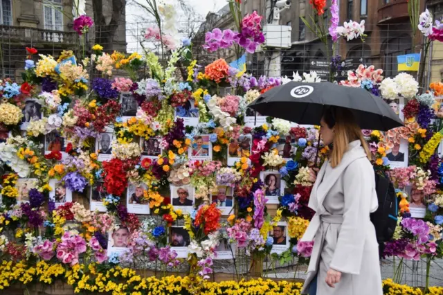 The wall of flowers memorial in Lviv