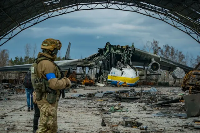 A destroyed plane outside Kyiv