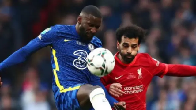 Antonio Rudiger challenges Mohamed Salah