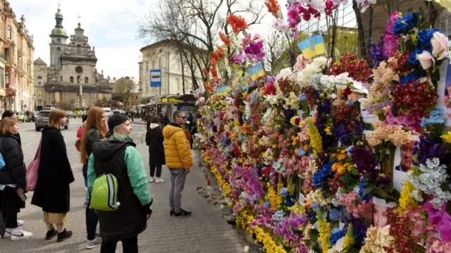 The wall of flowers memorial in Lviv