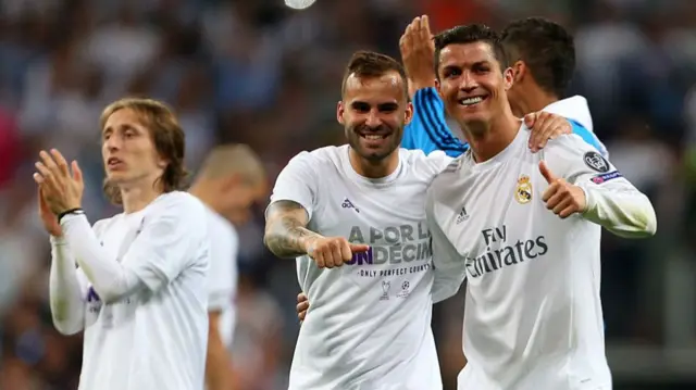 Real Madrid players (including Cristiano Ronaldo - right) celebrate