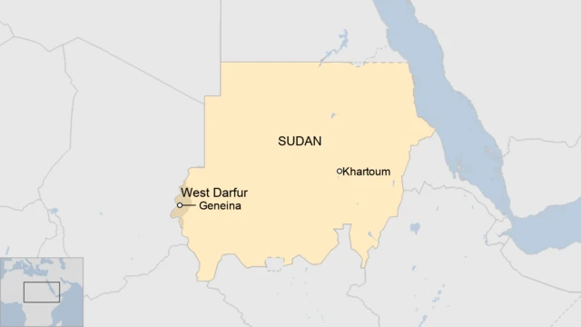 A map showing Geneina in West Darfur, Sudan.