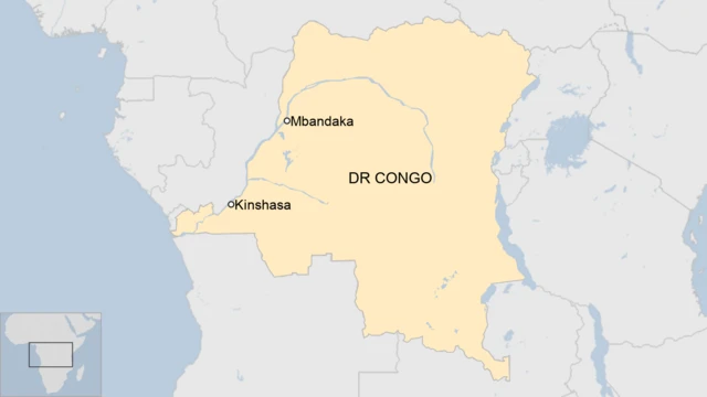 A map of DR Congo showing the city of Mbandaka, and the capital Kinshasa.