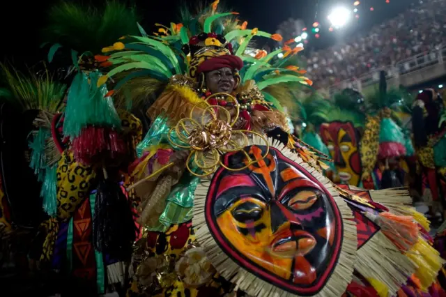 Members of Grande Rio samba school perform during the second night of Rio's Carnival parade