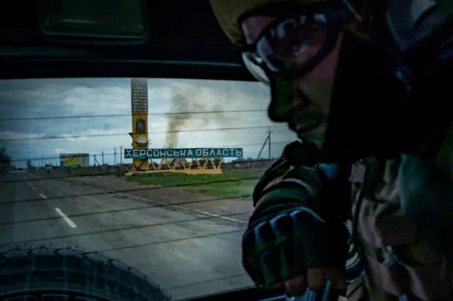 A Ukrainian soldier patrols the Kherson region on 19 April