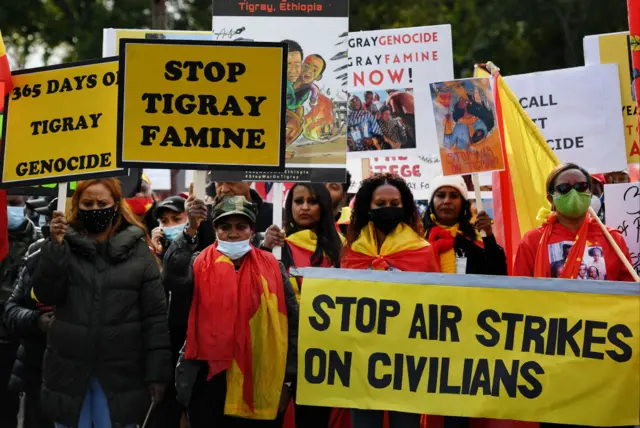 Demonstrators march in Washington, DC on November 4, 2021, marking the one-year anniversary of the Ethiopian government's decision to deploy troops into the country's northernmost Tigray region