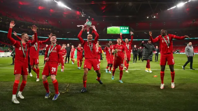 Liverpool celebrate winning the Carabao Cup