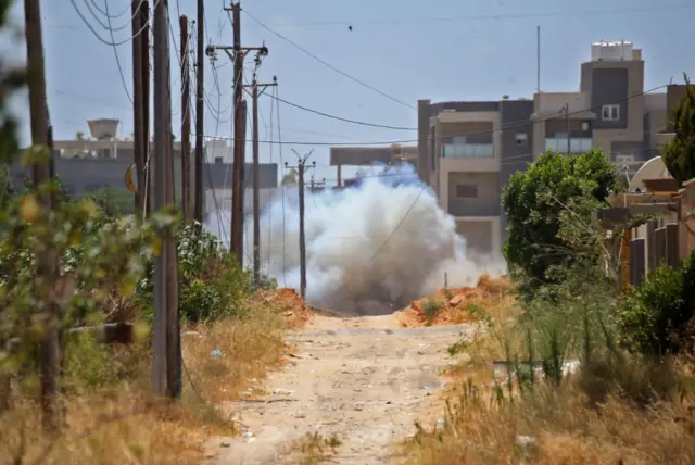 A landmine is exploded during Turkish demining operations in the Salah al-Din area, south of the Libyan capital Tripoli, on June 15, 2020