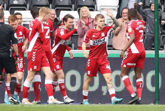 Middlesbrough players celebrate at Swansea last weekend