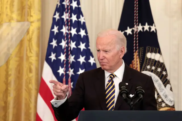 US President Joe Biden delivers remarks during an event for the 2022 National and State Teachers of the Year in the East Room of the White House on April 27, 2022 in Washington, DC