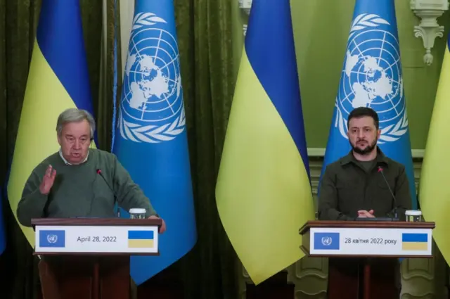 UN Secretary-General Guterres and Ukraine's President Zelensky attend a joint news conference, in Kyiv